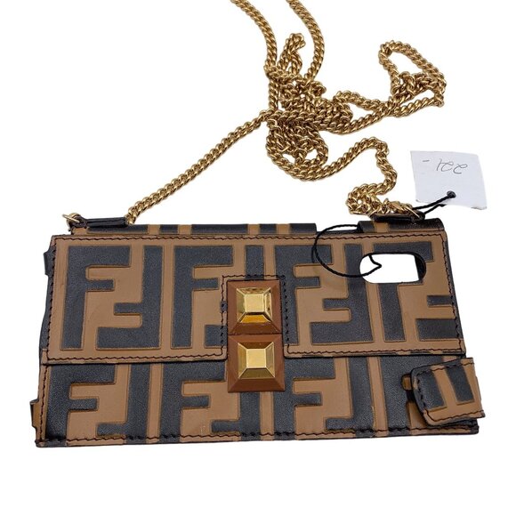 Fendi Tan & Brown Monogram Logo Crossbody Cell Phone Case Size Small - Picture 2 of 3